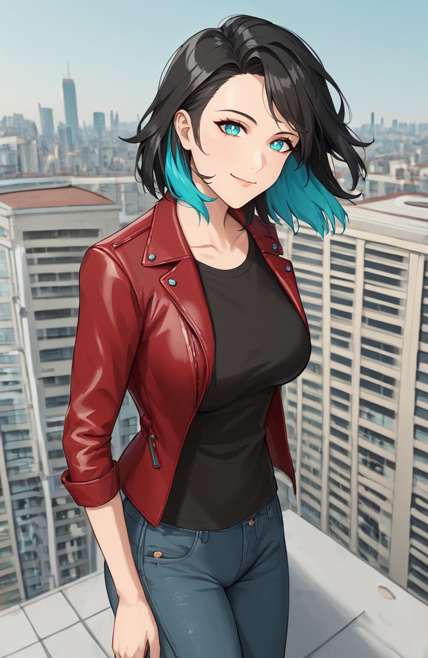 17909-1655748706-1girl, mature female, solo, black hair, medium hair, red leather jacket, black t-shirt, brown jeans, cyan colored tips, cyan eye.png